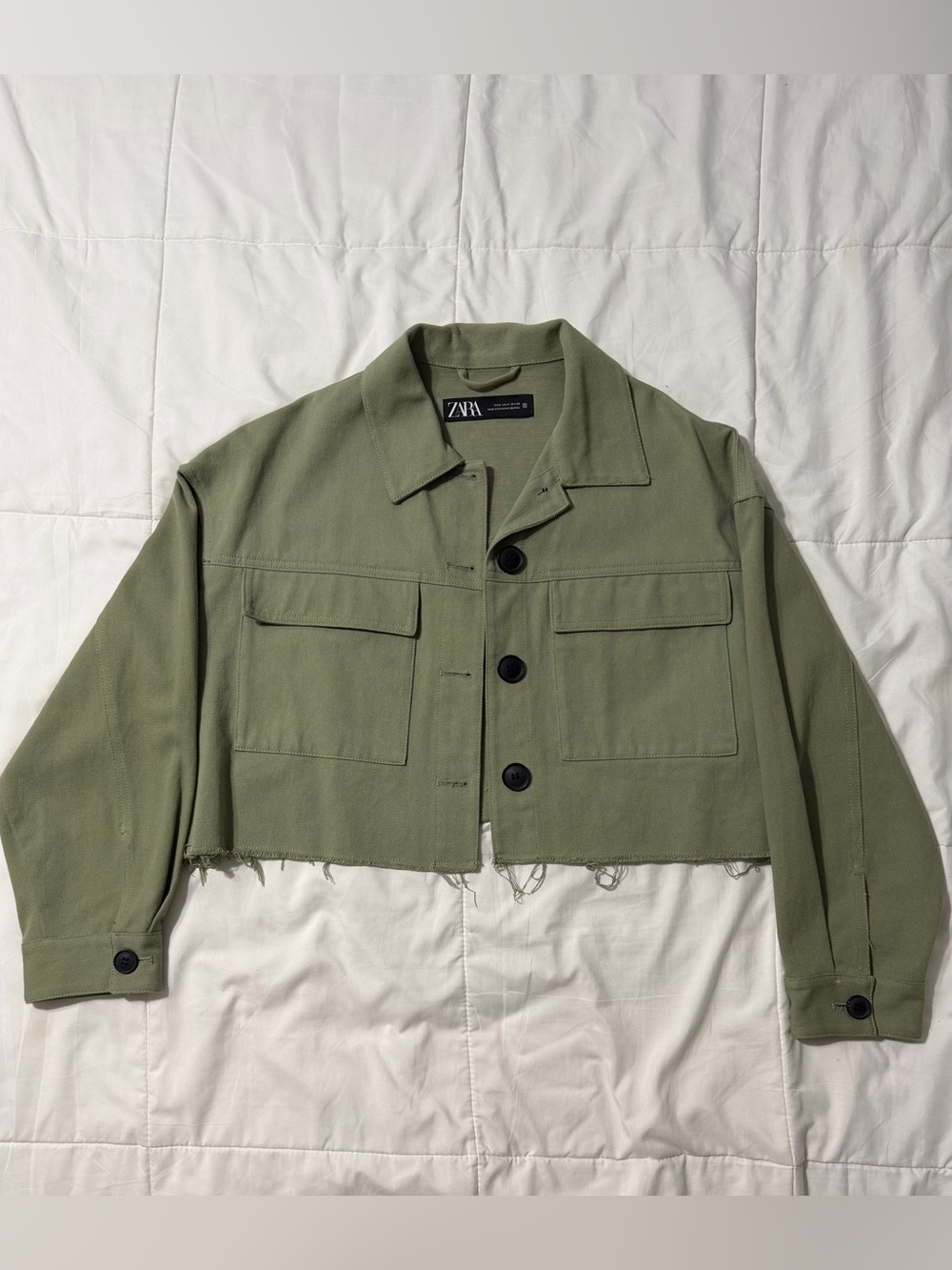 Zara Olive Green Cropped Utility Jacket Size Small Raw Hem